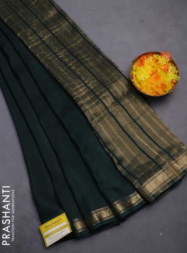 Semi mysore silk saree bottle green with plain body and zari woven border