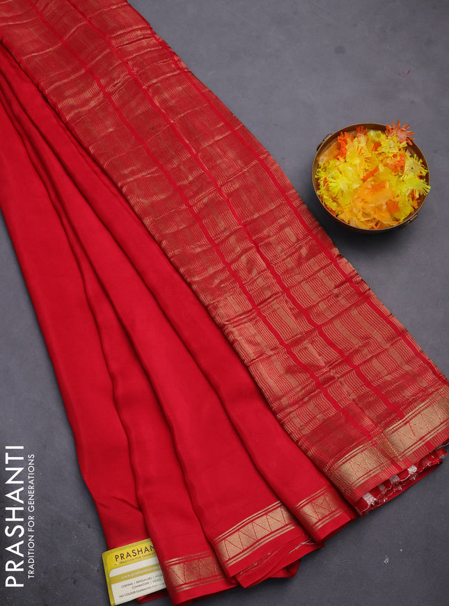 Semi mysore silk saree red with plain body and zari woven border