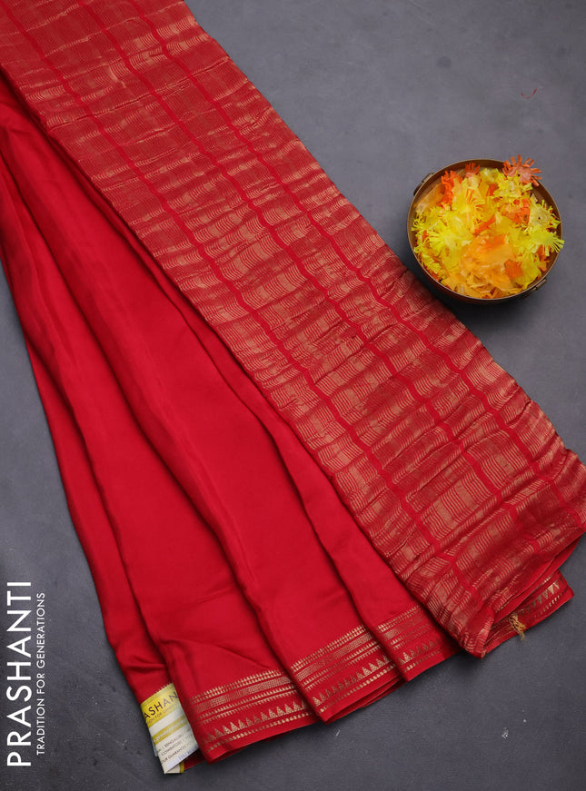 Semi mysore silk saree red with plain body and zari woven border