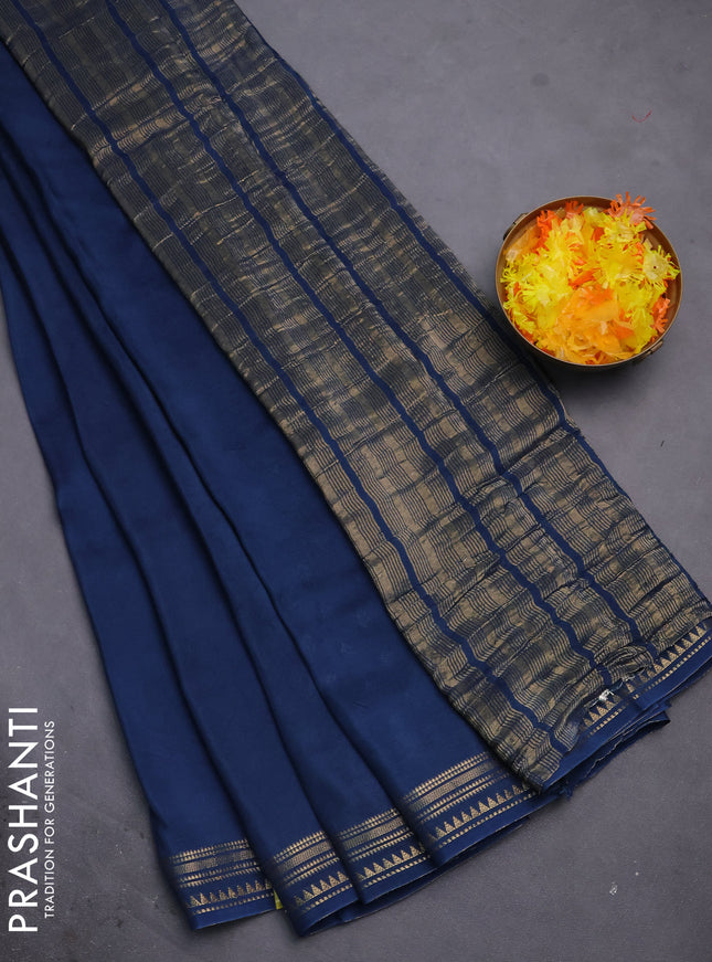 Semi mysore silk saree peacock blue with plain body and zari woven border