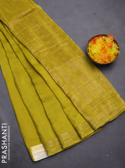 Semi mysore silk saree lime yellow with plain body and zari woven border