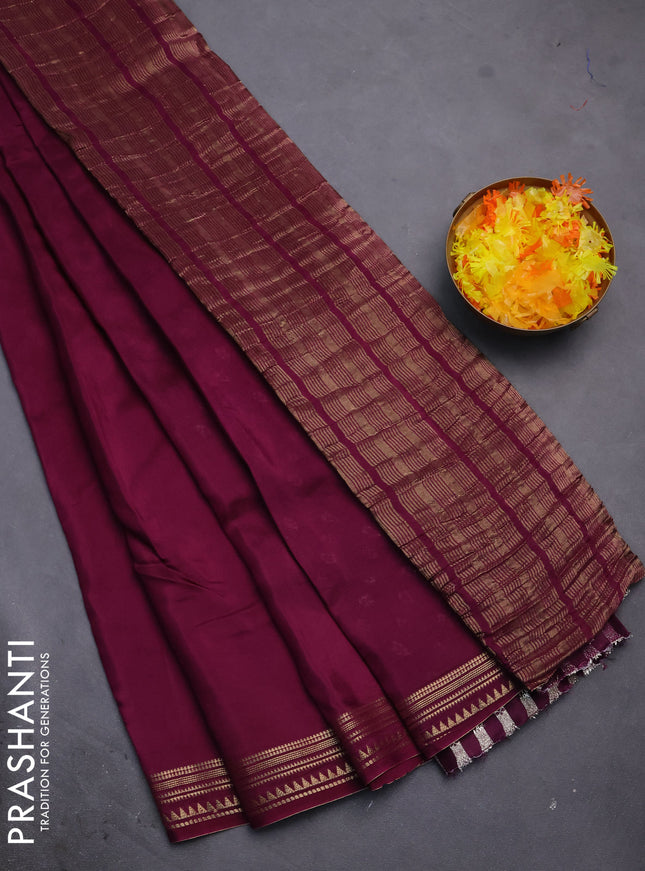 Semi mysore silk saree wine shade with plain body and zari woven border