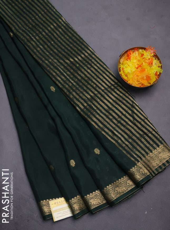 Semi mysore silk saree dark green with zari woven buttas and zari woven border