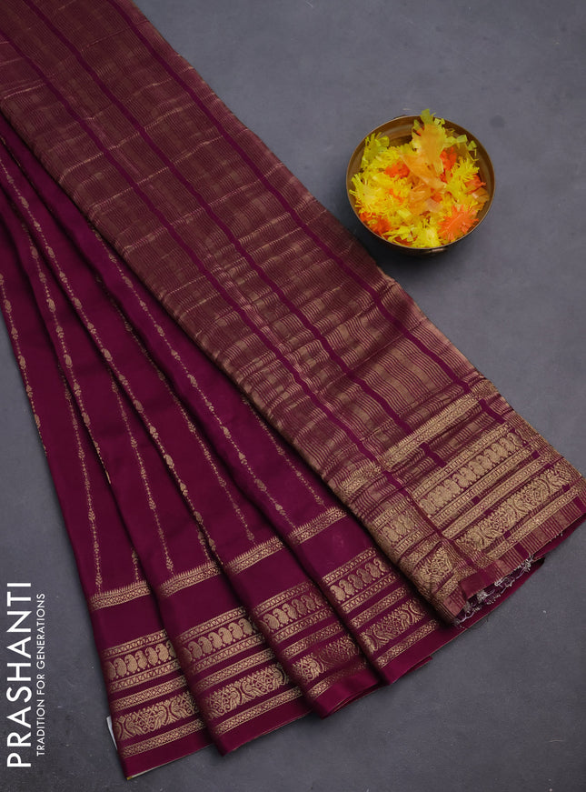 Semi mysore silk saree wine shade with allover zari weaves and zari woven border