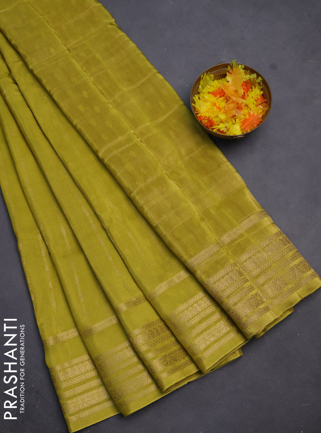 Semi mysore silk saree lime yellow with allover zari weaves and zari woven border