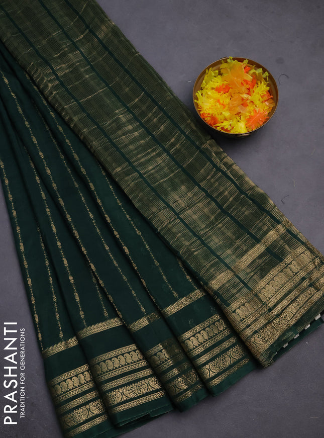 Semi mysore silk saree green with allover zari weaves and zari woven border
