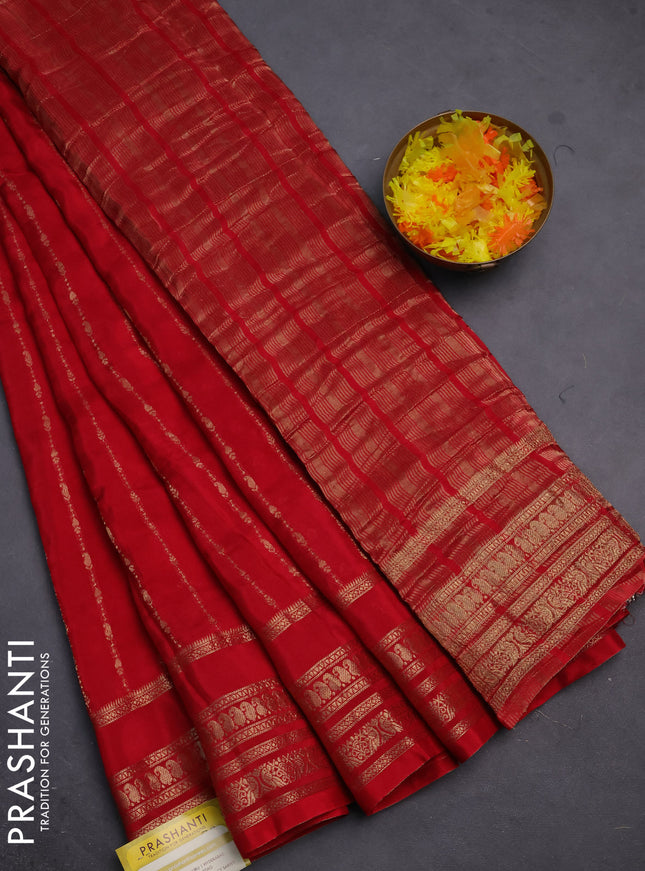 Semi mysore silk saree red with allover zari weaves and zari woven border
