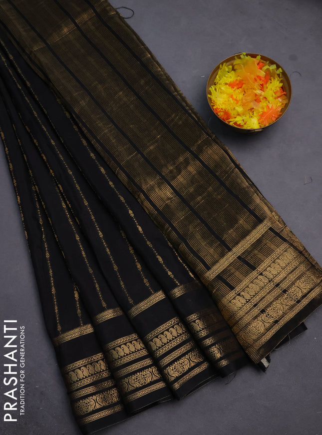 Semi mysore silk saree black with allover zari weaves and zari woven border