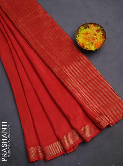 Semi mysore silk saree red with plain body and zari woven border