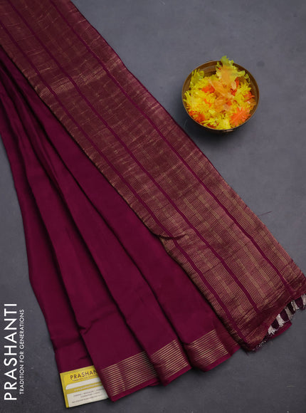 Semi mysore silk saree wine shade with plain body and zari woven border