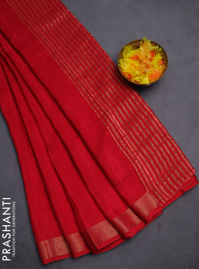 Semi mysore silk saree red with plain body and zari woven border