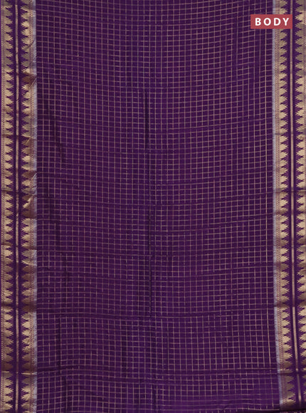 Semi mysore silk saree violet with allover zari checked pattern and temple design zari woven border