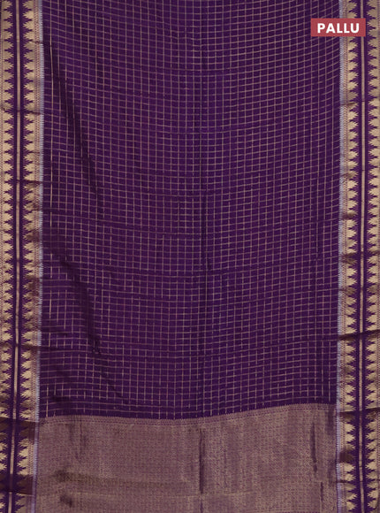 Semi mysore silk saree violet with allover zari checked pattern and temple design zari woven border