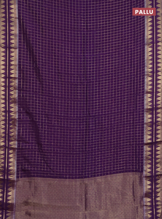 Semi mysore silk saree violet with allover zari checked pattern and temple design zari woven border