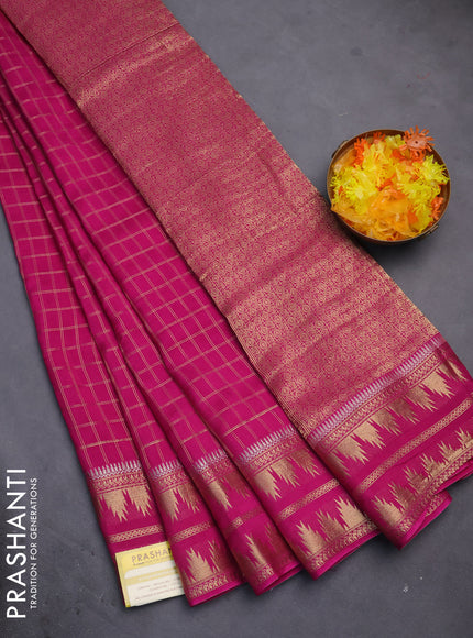 Semi mysore silk saree pink with allover zari checked pattern and temple design zari woven border
