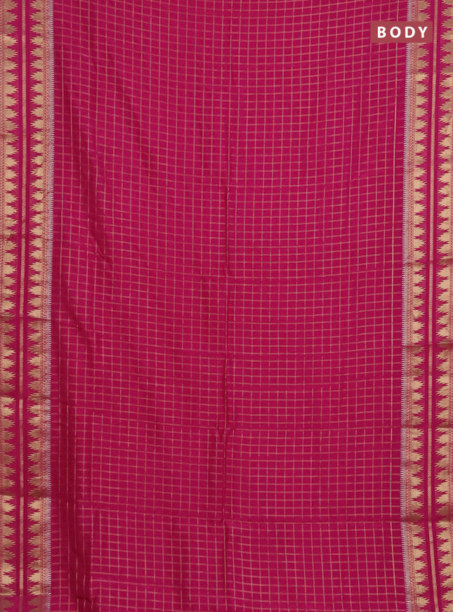 Semi mysore silk saree pink with allover zari checked pattern and temple design zari woven border