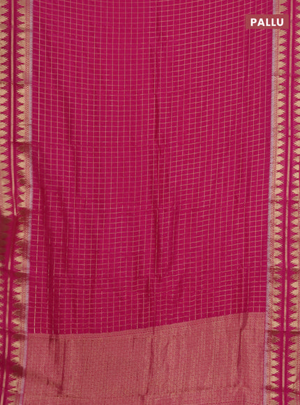 Semi mysore silk saree pink with allover zari checked pattern and temple design zari woven border