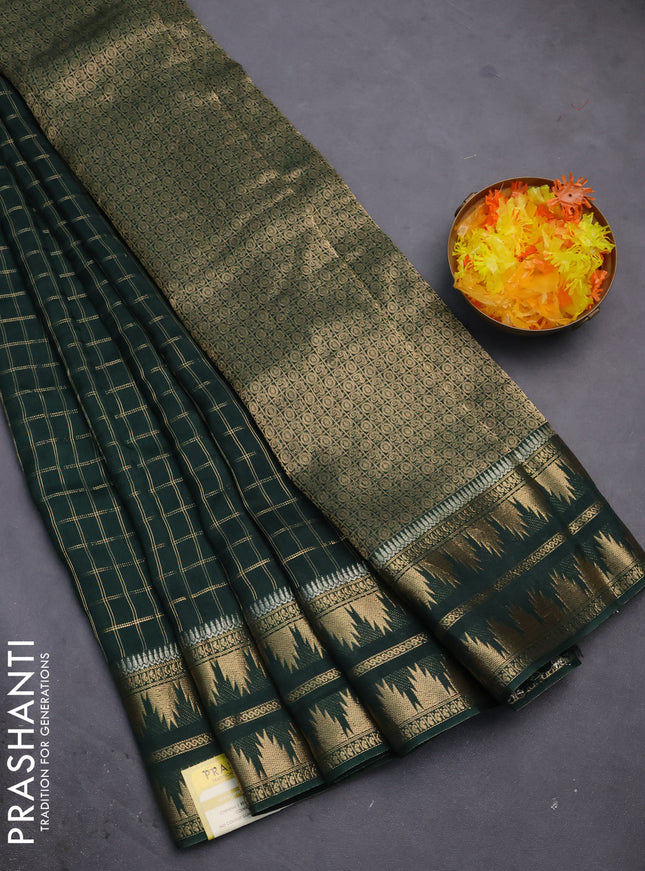 Semi mysore silk saree dark green with allover zari checked pattern and temple design zari woven border