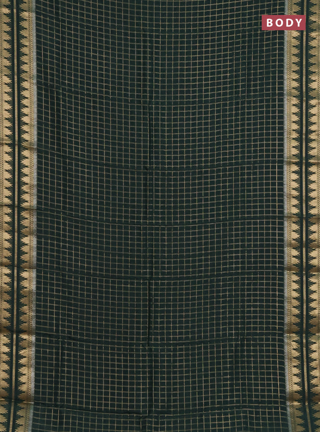 Semi mysore silk saree dark green with allover zari checked pattern and temple design zari woven border