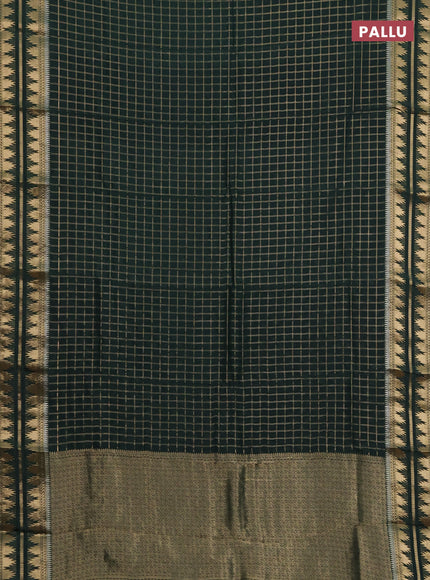 Semi mysore silk saree dark green with allover zari checked pattern and temple design zari woven border