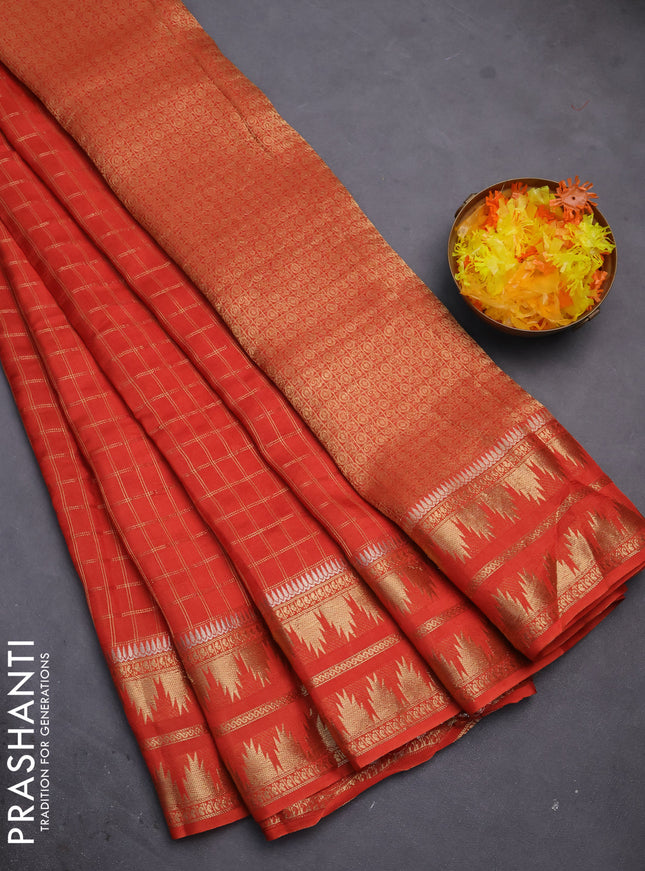 Semi mysore silk saree orange with allover zari checked pattern and temple design zari woven border