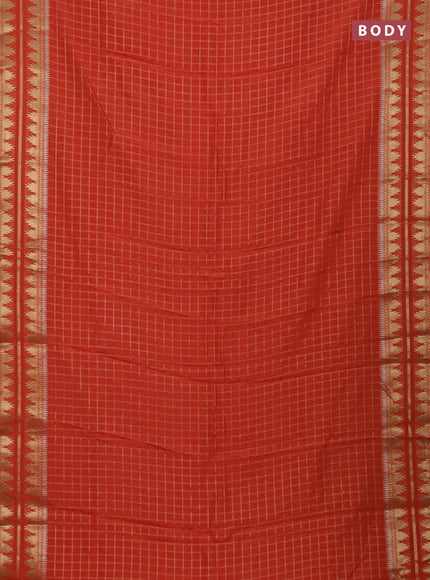Semi mysore silk saree orange with allover zari checked pattern and temple design zari woven border