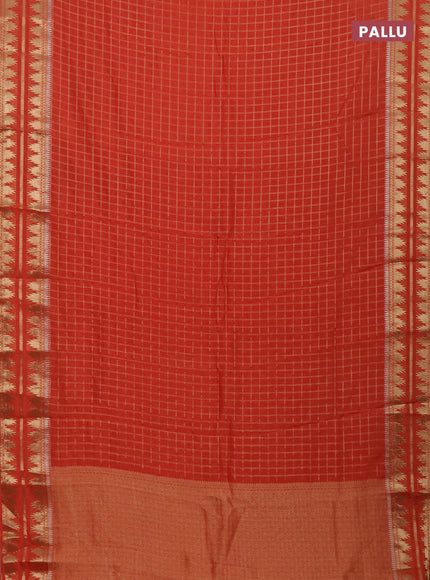 Semi mysore silk saree orange with allover zari checked pattern and temple design zari woven border