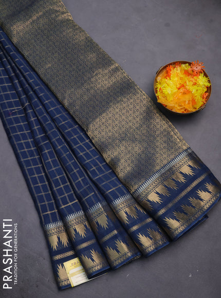 Semi mysore silk saree peacock blue with allover zari checked pattern and temple design zari woven border