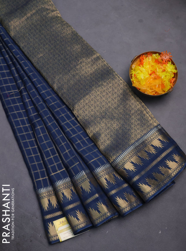 Semi mysore silk saree peacock blue with allover zari checked pattern and temple design zari woven border