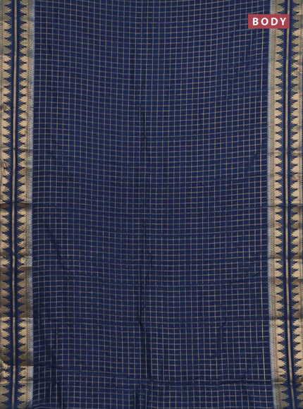 Semi mysore silk saree peacock blue with allover zari checked pattern and temple design zari woven border