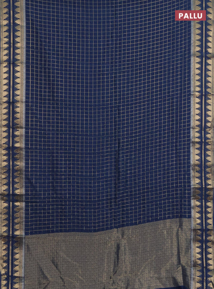 Semi mysore silk saree peacock blue with allover zari checked pattern and temple design zari woven border