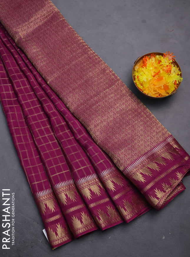 Semi mysore silk saree purple with allover zari checked pattern and temple design zari woven border