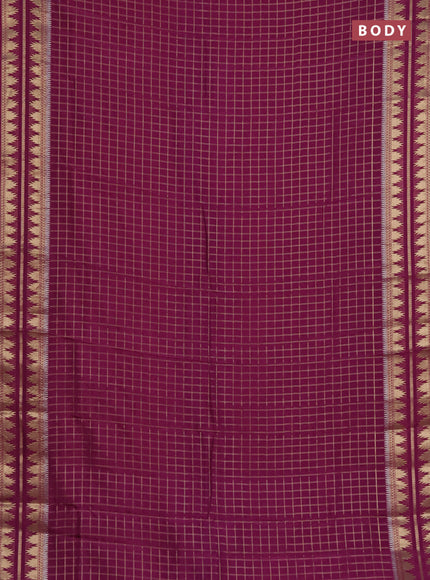 Semi mysore silk saree purple with allover zari checked pattern and temple design zari woven border