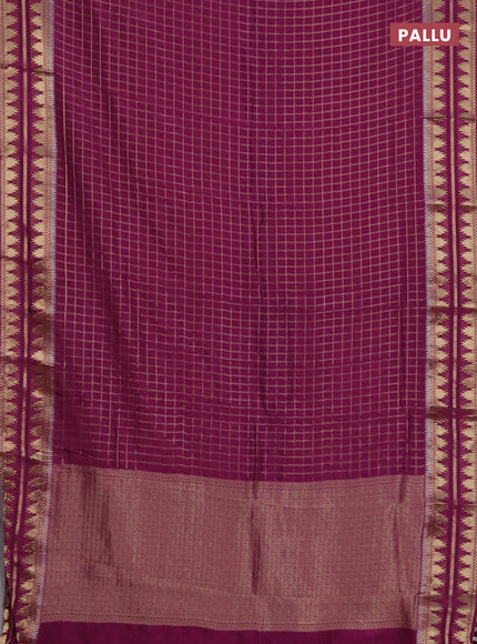 Semi mysore silk saree purple with allover zari checked pattern and temple design zari woven border