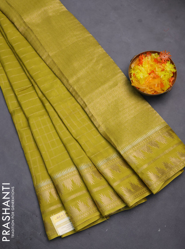 Semi mysore silk saree lime yellow with allover zari checked pattern and temple design zari woven border