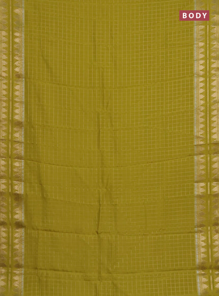 Semi mysore silk saree lime yellow with allover zari checked pattern and temple design zari woven border