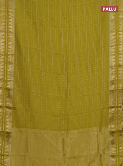 Semi mysore silk saree lime yellow with allover zari checked pattern and temple design zari woven border