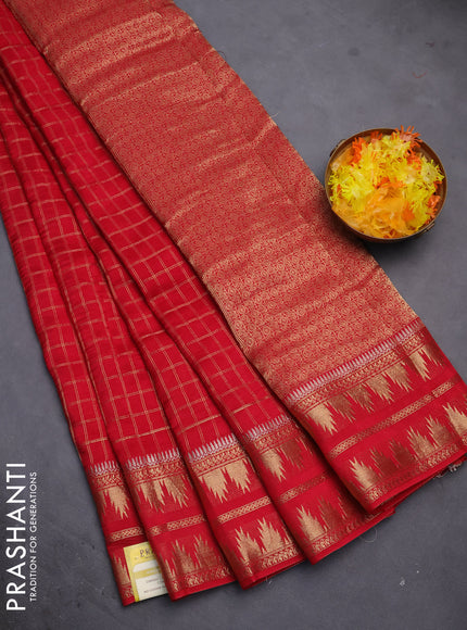 Semi mysore silk saree red with allover zari checked pattern and temple design zari woven border