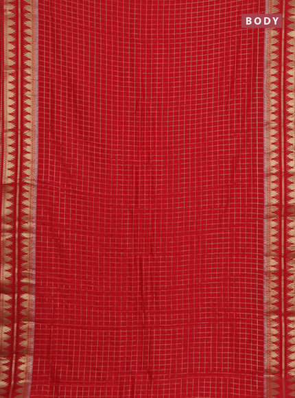 Semi mysore silk saree red with allover zari checked pattern and temple design zari woven border
