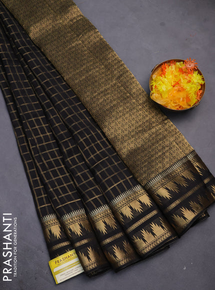 Semi mysore silk saree black with allover zari checked pattern and temple design zari woven border