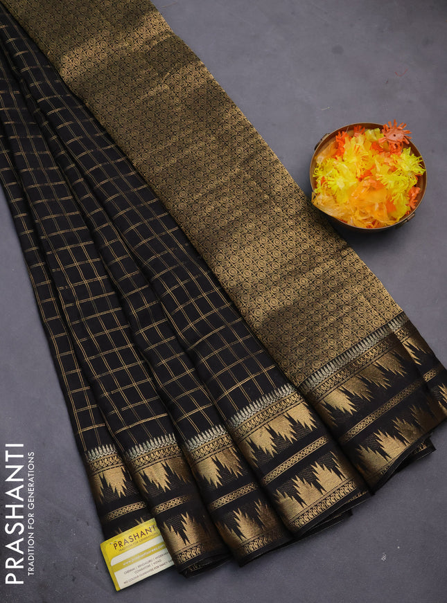Semi mysore silk saree black with allover zari checked pattern and temple design zari woven border