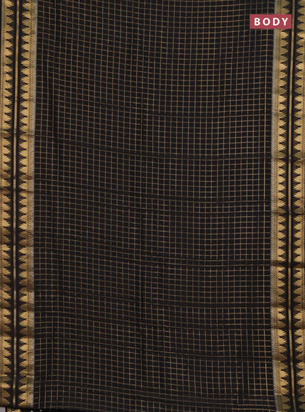 Semi mysore silk saree black with allover zari checked pattern and temple design zari woven border