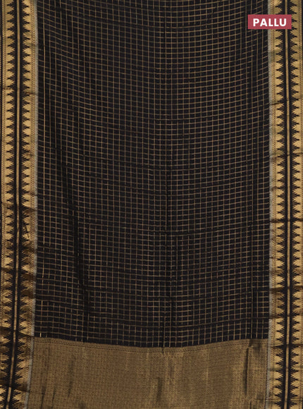 Semi mysore silk saree black with allover zari checked pattern and temple design zari woven border