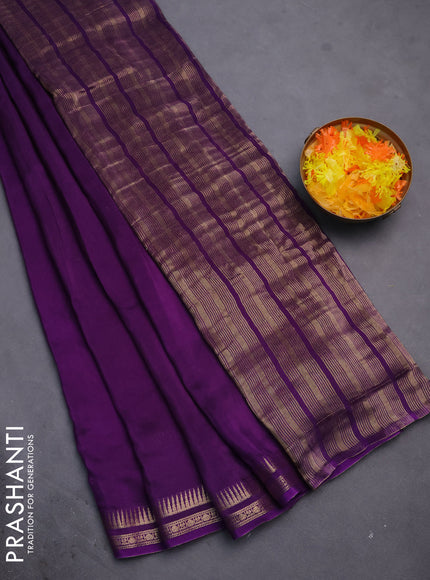 Semi mysore silk saree violet with plain body and temple design zari woven border