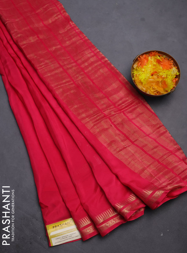 Semi mysore silk saree pink with plain body and temple design zari woven border