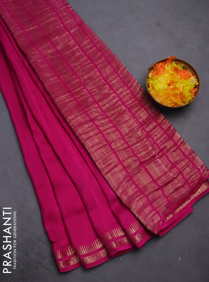 Semi mysore silk saree pink with plain body and temple design zari woven border