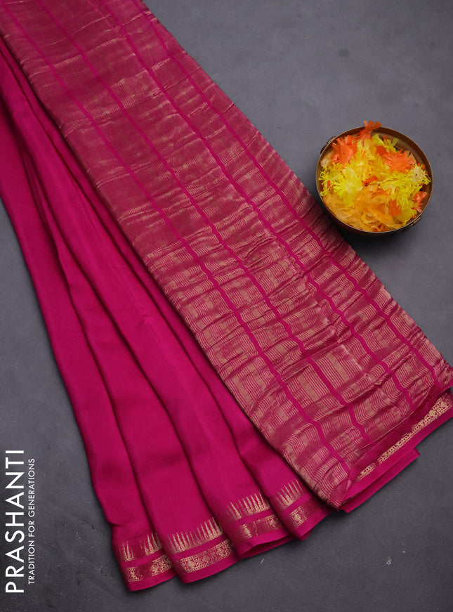 Semi mysore silk saree pink with plain body and temple design zari woven border