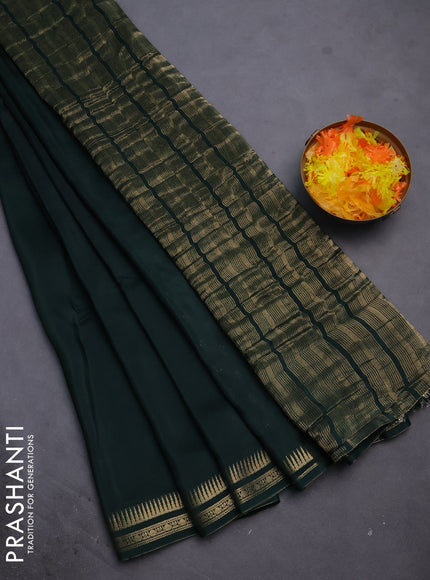 Semi mysore silk saree dark green with plain body and temple design zari woven border