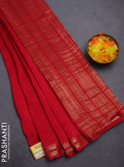 Semi mysore silk saree red with plain body and temple design zari woven border