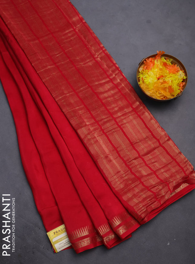 Semi mysore silk saree red with plain body and temple design zari woven border